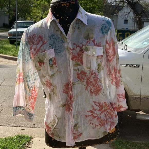 Chico's Tops - Chico's White Pink & Blue Floral Sheer Large  Button-up Blouse/Shirt